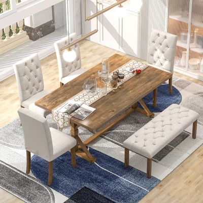 Bellemave 6-Piece Dining Table Set for 6 Farmhouse Kitchen Table Set with 4 Upholstered Chairs and Bench, Rectangular Dining Room Set for Kitchen, Dining Room (Walnut)