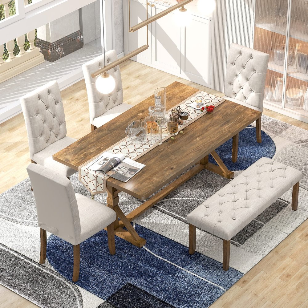 Bellemave 6-Piece Dining Table Set for 6 Farmhouse Kitchen Table Set with 4 Upholstered Chairs and Bench, Rectangular Dining Room Set for Kitchen, Dining Room (Walnut)