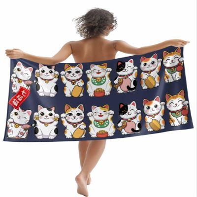 Lansemy Japanese-Style Beach Towel - 35x71 Inch Sand Proof Water Absorbent Travel Towel for Adults, Seven Lucky Cats Blue Texture Quick Dry Pool Towel Travel Camping Blanket for Yoga Bathroom