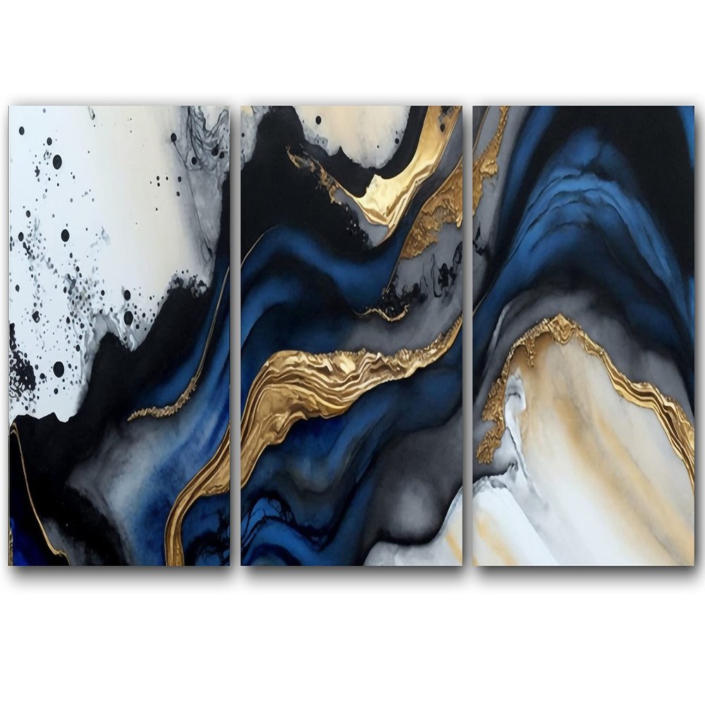 Abstract Royal Blue, Grey, Gold and White Marble, Style 4, Set of 3 Poster Prints, Wall Art Home Dcor, Multiple Sizes (12 x 16 Inches)
