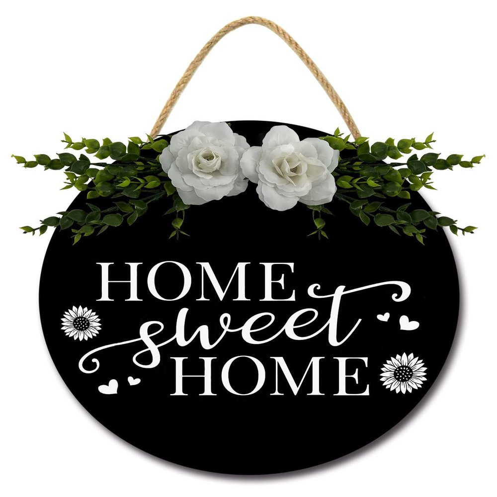Fsdva Home Sweet Home Sign For Front Door,Rustic Round Wooden Wreath,Farmhouse Front Door Front Porch Decor, Home Housewarming Gift 12 Inch