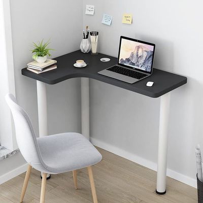 KWOKING 29.5" Hight Office Desk Wooden Corner Writing Desk with White Steel Leg Simple Arc-Shaped Small L-Shaped Wall Corner Right-Angle Writing Study Notebook Desk Black 31.5" L x 23.5" W x 29.5" H
