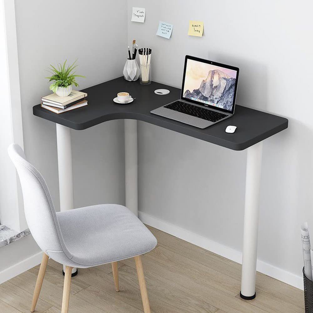 KWOKING 29.5" Hight Office Desk Wooden Corner Writing Desk with White Steel Leg Simple Arc-Shaped Small L-Shaped Wall Corner Right-Angle Writing Study Notebook Desk Black 31.5" L x 23.5" W x 29.5" H