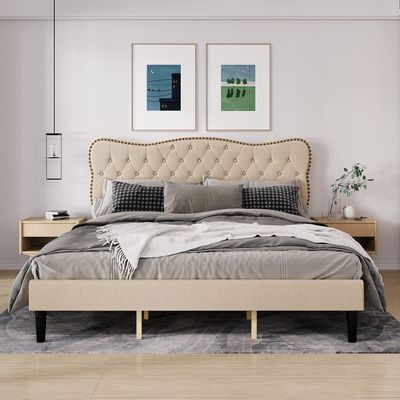 Assile Queen Size Linen Platform Bed Frame with Wooden Slats and Heavy Duty Mattress Foundation, Noise Free Design and Upholstered Adjustable Headboard in Beige