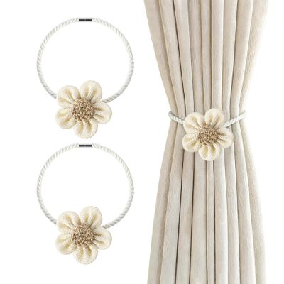 2Pcs Magnetic Curtain Tiebacks, Floral Drapery Tie Backs Boho Decorative Holdbacks Ropes, Curtain Holders for Window Decor, Bedroom, Office, Home (White)