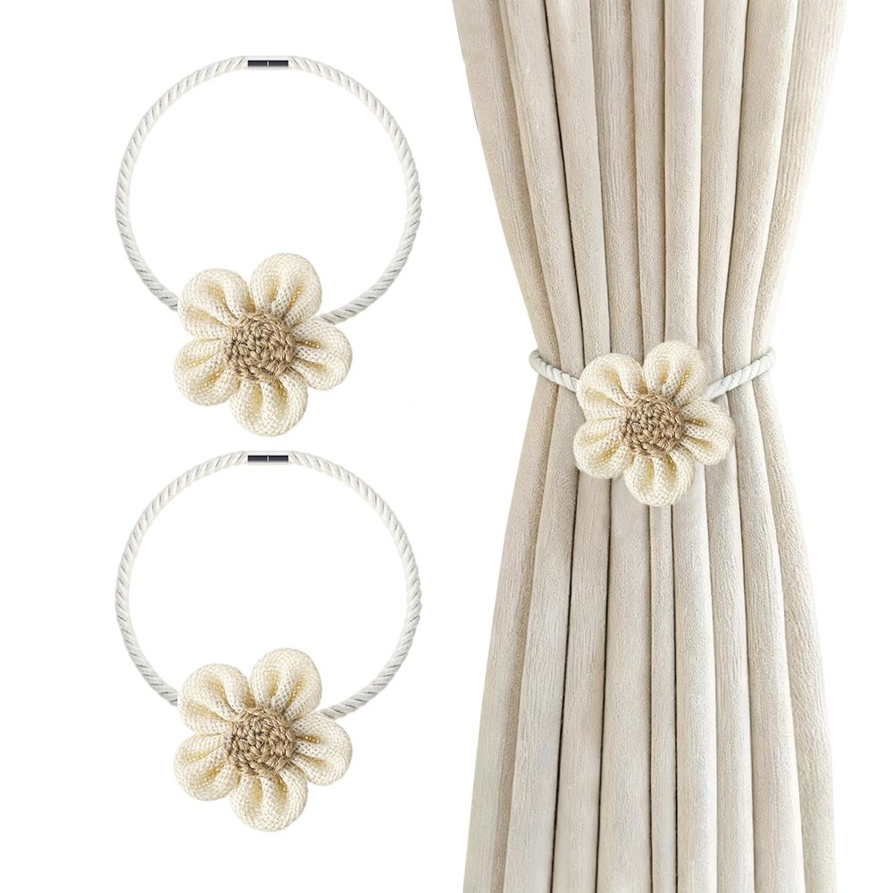 2Pcs Magnetic Curtain Tiebacks, Floral Drapery Tie Backs Boho Decorative Holdbacks Ropes, Curtain Holders for Window Decor, Bedroom, Office, Home (White)