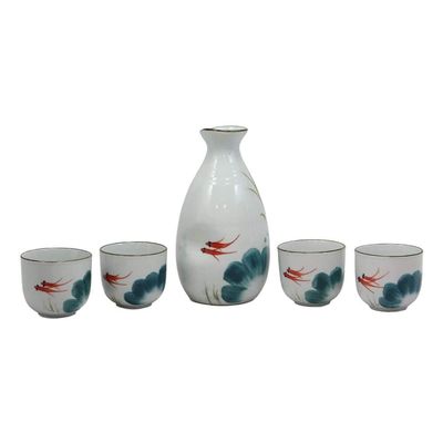 2 Swimming Koi Fishes In Zen Pond Porcelain Sake Flask And 4 Cups Set