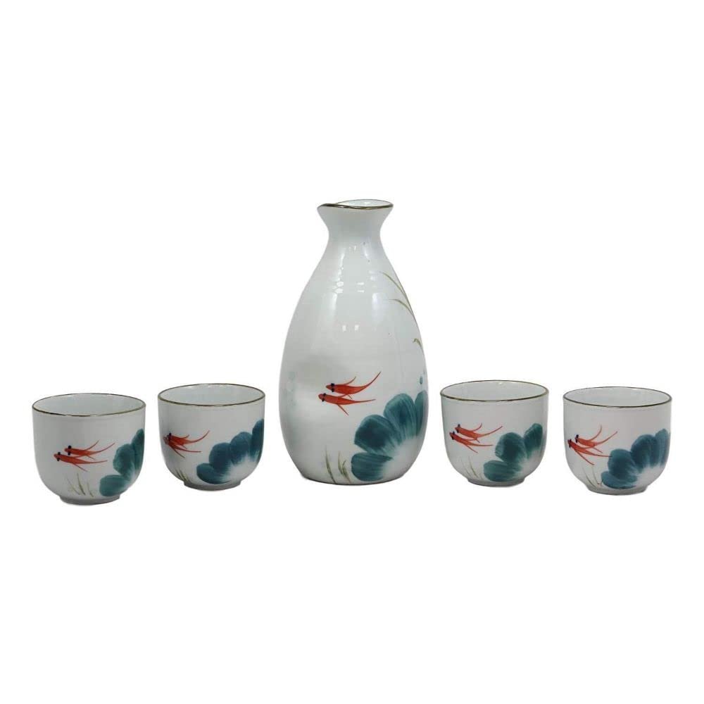 2 Swimming Koi Fishes In Zen Pond Porcelain Sake Flask And 4 Cups Set