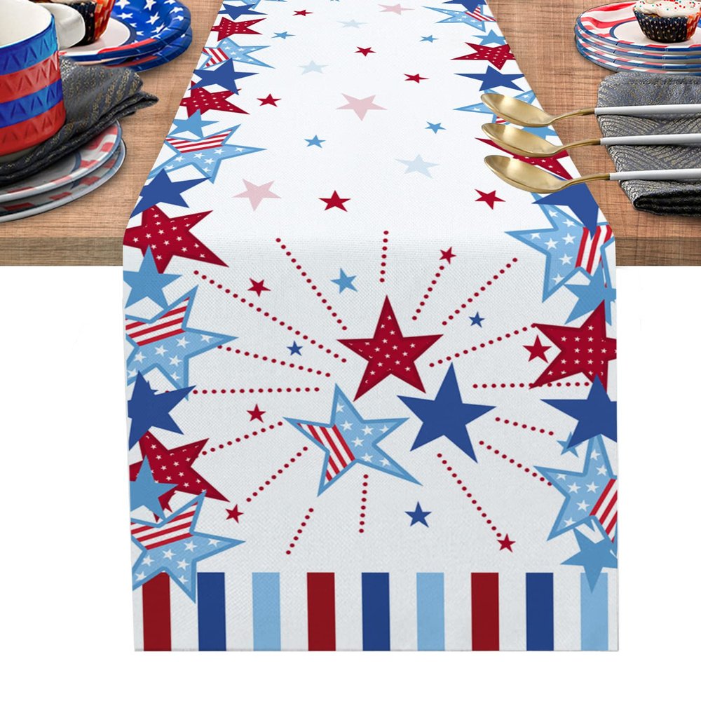 4th of July Table Runner,Patriotic Stars Tablecloth Red White and Blue Stripes Memorial Day Decorations for Home,Kitchen,Dining Room,Indoor,Outdoor,13X90 Inches Long,Independence Day Summer Holiday