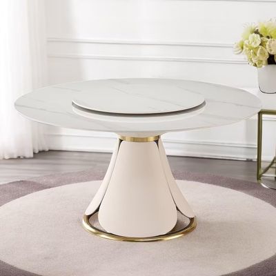 Runboll 59" Sintered Stone Round Dining Table with Detachable Lazy Susan Modern Dinner Table with 31.5" Round Turntable, PU Leather and Metal Pedestal(Not Included Chairs)