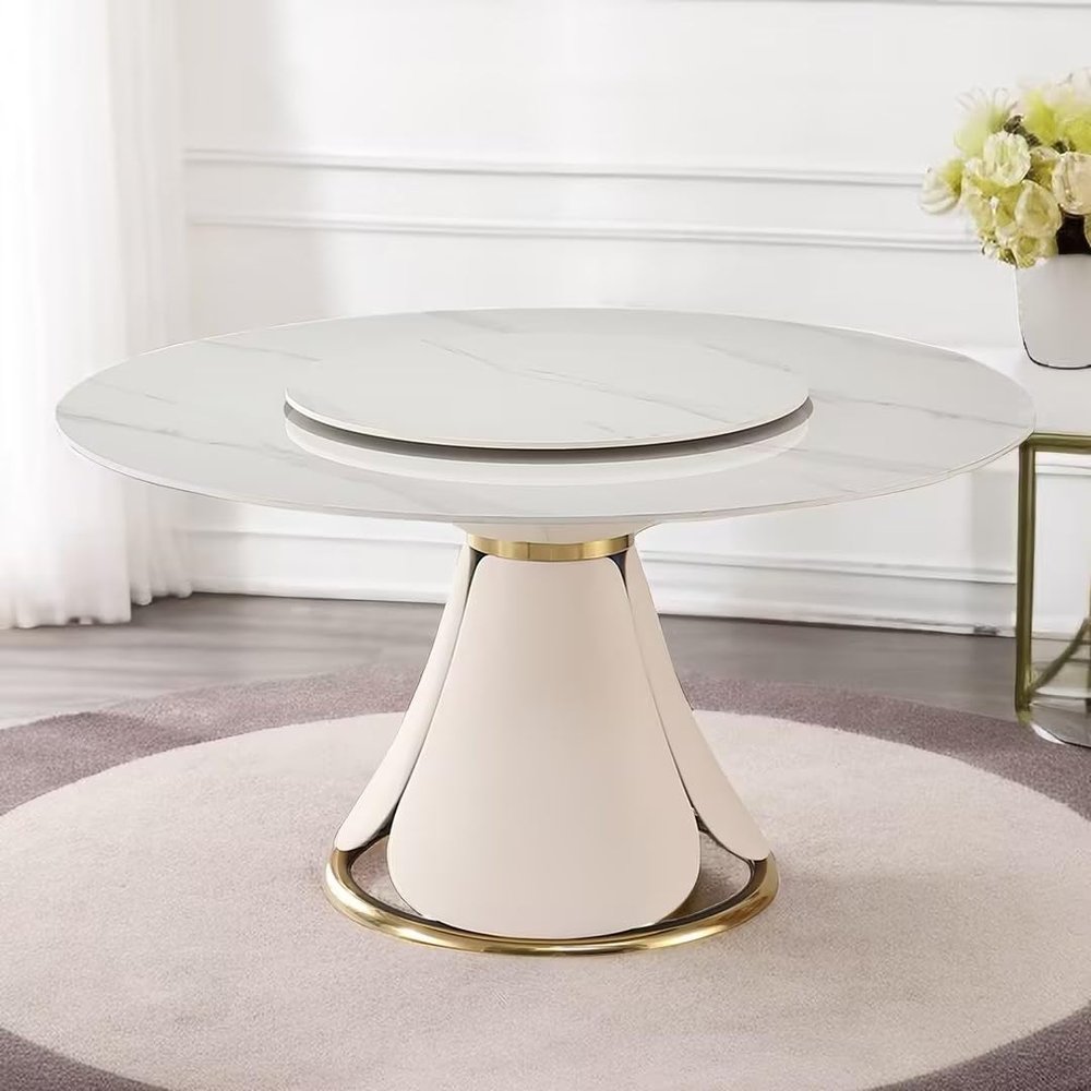 Runboll 59" Sintered Stone Round Dining Table with Detachable Lazy Susan Modern Dinner Table with 31.5" Round Turntable, PU Leather and Metal Pedestal(Not Included Chairs)