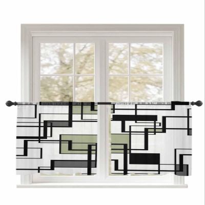 AMZRicher Sage Green Sheer Curtains 54 Inch Length 2 Panels Set, Middle Century Geometric Abstract White Black Grey Semi Transparent Voile Rod Pocket Curtains for Living Dining Room Bedroom Drapes