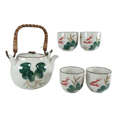 1 Set Of Auspicious Koi Fish Pair Lily Pond Ceramic Teapot & 4 Tea Cups