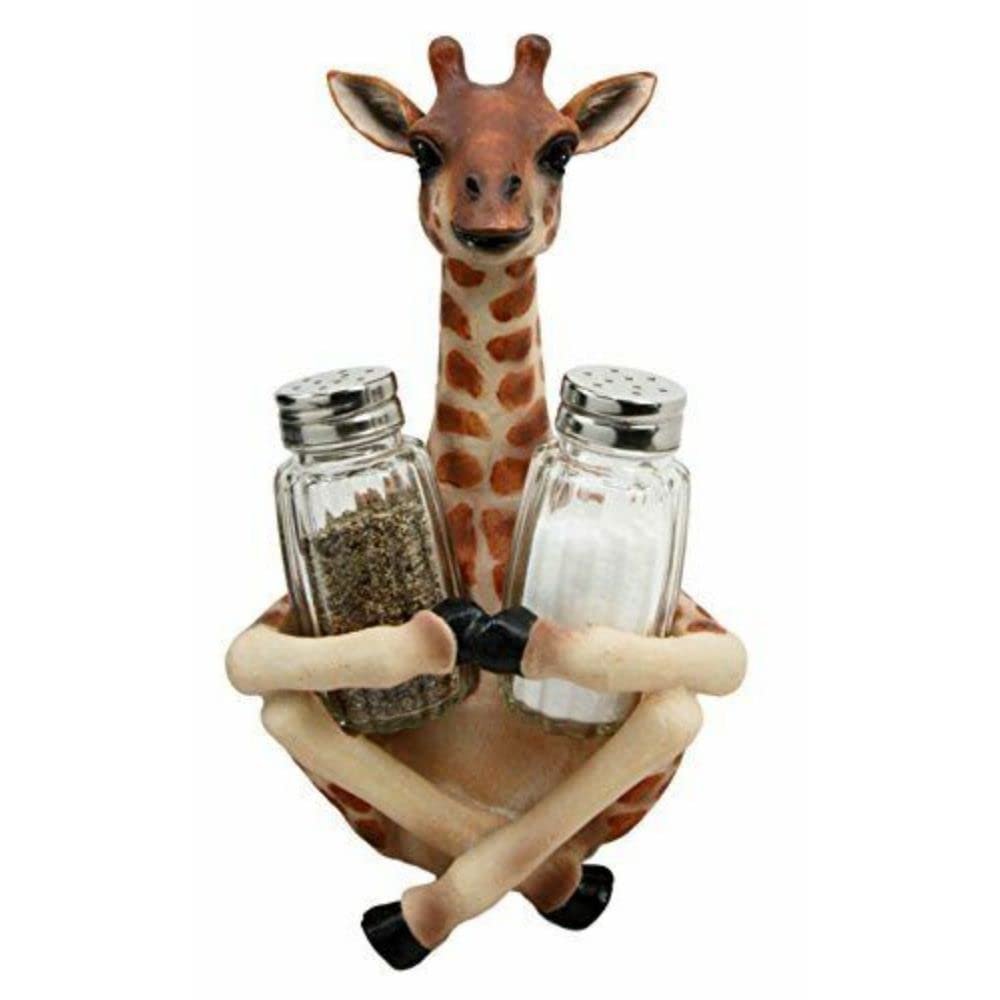 1 Set Of Giraffe Far Reach Salt & Pepper Shakers Holder Figurine With Glass Shakers