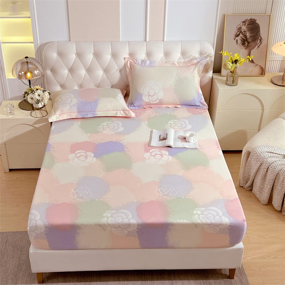 FCLDESHOP Breathable Mattress Pad Cover,Thick Brushed Cotton Fitted Sheet Bed Stuff, Bedroom Homestay Printed Mattress Protector for Single Double Bed,Flower 1,120cmx200cm