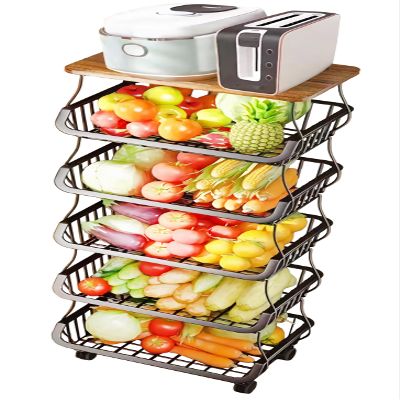 MURRI&MURRDI Fruit Vegetable Storage Basket with Wooden Lid, 6 Tier Stackable Wire Kitchen Cart with Wheels, Tall Produce Snack Racks Display, Narrow Rolling Cart for Pantry Onion Potato, Black