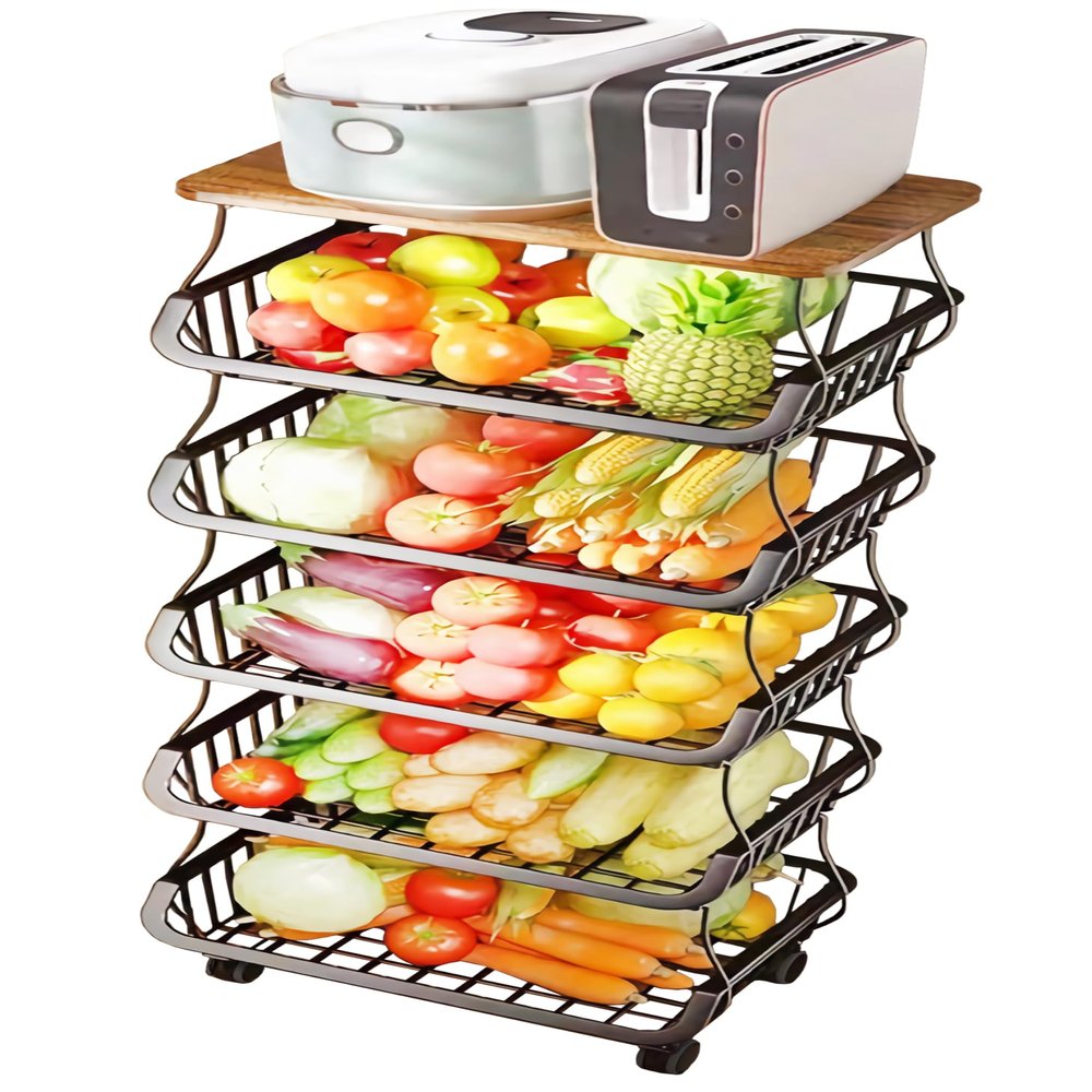 MURRI&MURRDI Fruit Vegetable Storage Basket with Wooden Lid, 6 Tier Stackable Wire Kitchen Cart with Wheels, Tall Produce Snack Racks Display, Narrow Rolling Cart for Pantry Onion Potato, Black