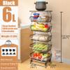 MURRI&MURRDI Fruit Vegetable Storage Basket with Wooden Lid, 6 Tier Stackable Wire Kitchen Cart with Wheels, Tall Produce Snack Racks Display, Narrow Rolling Cart for Pantry Onion Potato, Black view 2