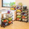MURRI&MURRDI Fruit Vegetable Storage Basket with Wooden Lid, 6 Tier Stackable Wire Kitchen Cart with Wheels, Tall Produce Snack Racks Display, Narrow Rolling Cart for Pantry Onion Potato, Black view 4