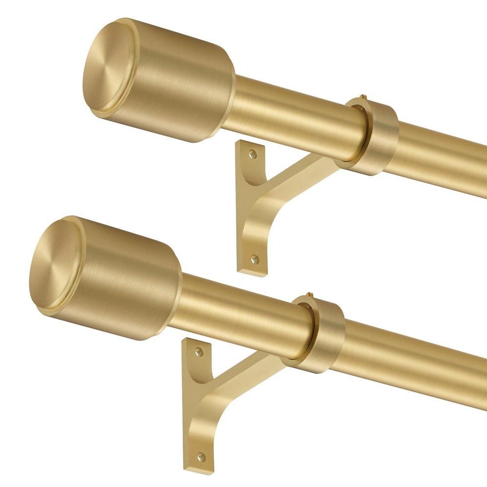 2 Pack Curtain Rods 72 to 144 Inch, Adjustable 1-Inch Window Curtain Rods, Heavy Duty Single Telescoping Drapery Rods with Cap Finials, Brass