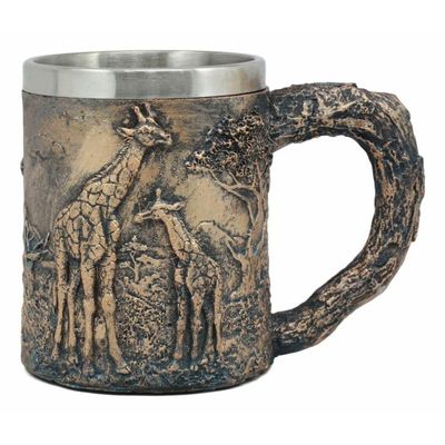 1 Pcs Of Giraffe And Calf Family Coffee Mug Textured With Rustic Tree Bark Design