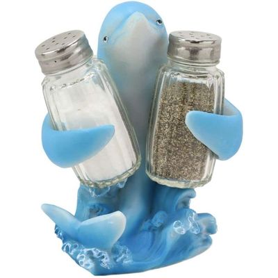 1 Set Of Dolphin Rising Above Sea Waves Hugging Salt And Pepper Shakers Holder