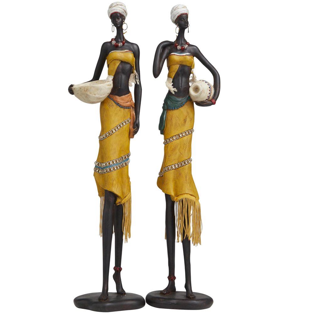 Deco 79 Polystone People Handmade Decorative Sculpture African Woman Home Decor Statues with Water Jugs and Jeweled Details, Set of 2 Accent Figurines 6"W, 24"H, Yellow