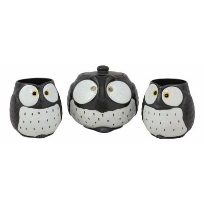 Black Fat Spotted Owl Ceramic 16oz Tea Pot With 2 Cups Set Owls Decor