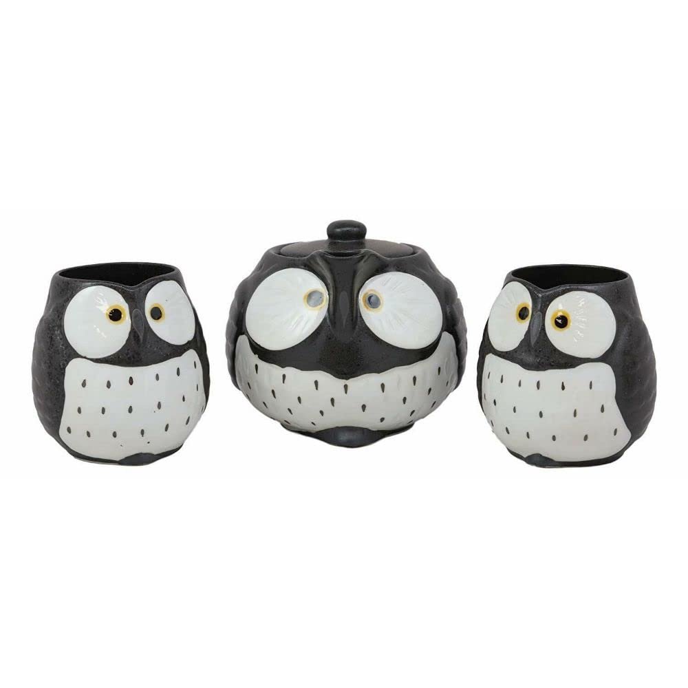 Black Fat Spotted Owl Ceramic 16oz Tea Pot With 2 Cups Set Owls Decor