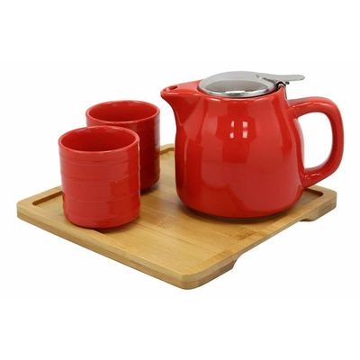 1 Set Of Bright Red Contemporary Ceramic 20oz Tea Pot With 2 Cups And Bamboo Tray
