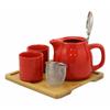 1 Set Of Bright Red Contemporary Ceramic 20oz Tea Pot With 2 Cups And Bamboo Tray view 2