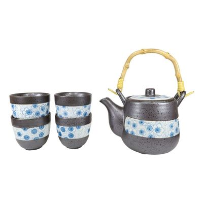 1 Set Of Japanese Design Cherry Petals Charcoal Grey Ceramic Tea Pot & Four Cups