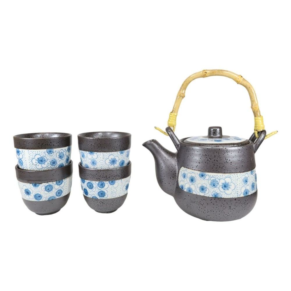 1 Set Of Japanese Design Cherry Petals Charcoal Grey Ceramic Tea Pot & Four Cups