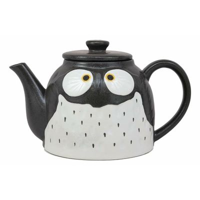 1 Pcs Of Fat Black Owl Ceramic 52Oz Large Tea Pot With Built In Strainer Spout