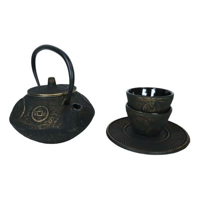 1 Set Of Japanese Gold Finish Coin Pattern Heavy Cast Iron Tea Pot With Trivet And 2 Cups