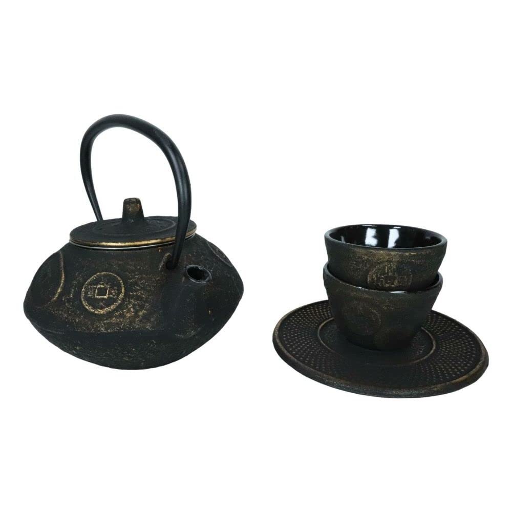 1 Set Of Japanese Gold Finish Coin Pattern Heavy Cast Iron Tea Pot With Trivet And 2 Cups