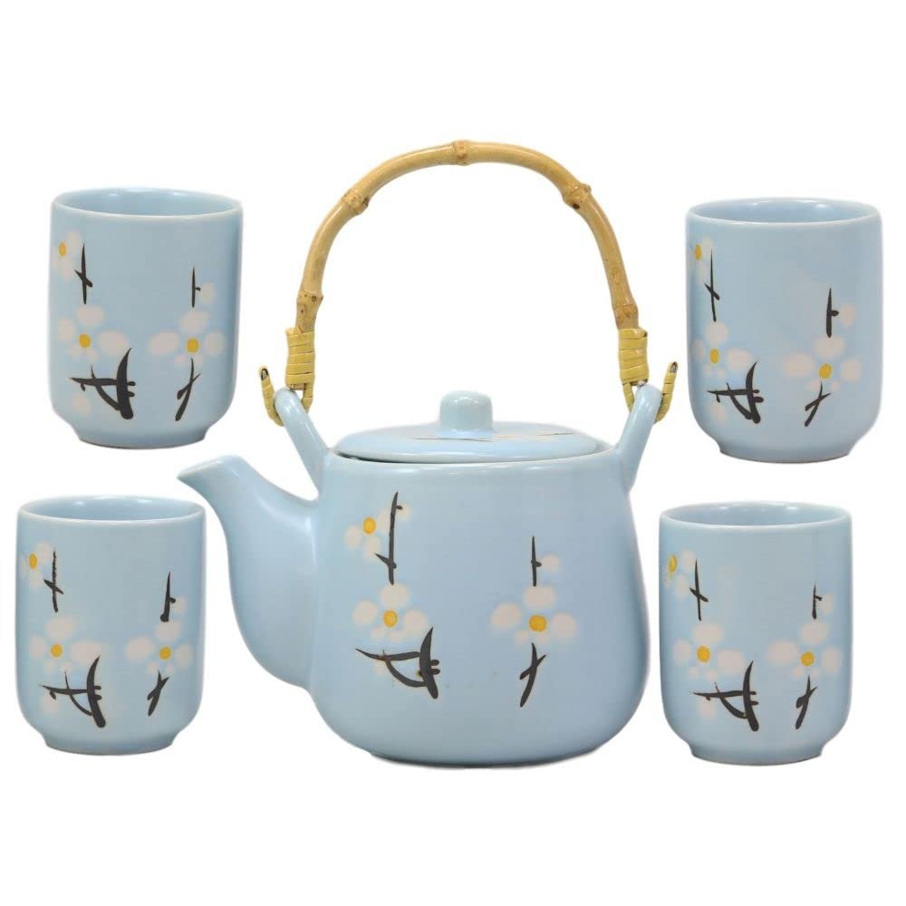 1 Set Of Japanese Sakura Pastel Blue Cherry Blossom Design Porcelain Tea Pot And 4 Cups