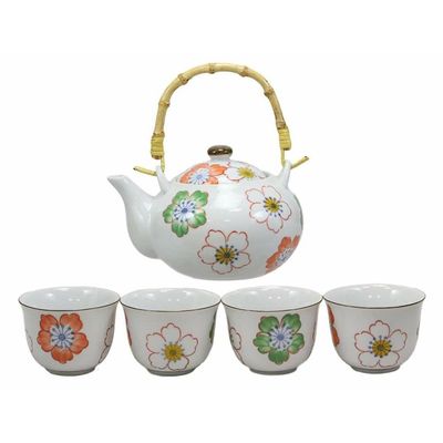 1 Set Of Japanese Design Colorful Botanic Floral Porcelain White Tea Pot And Cups