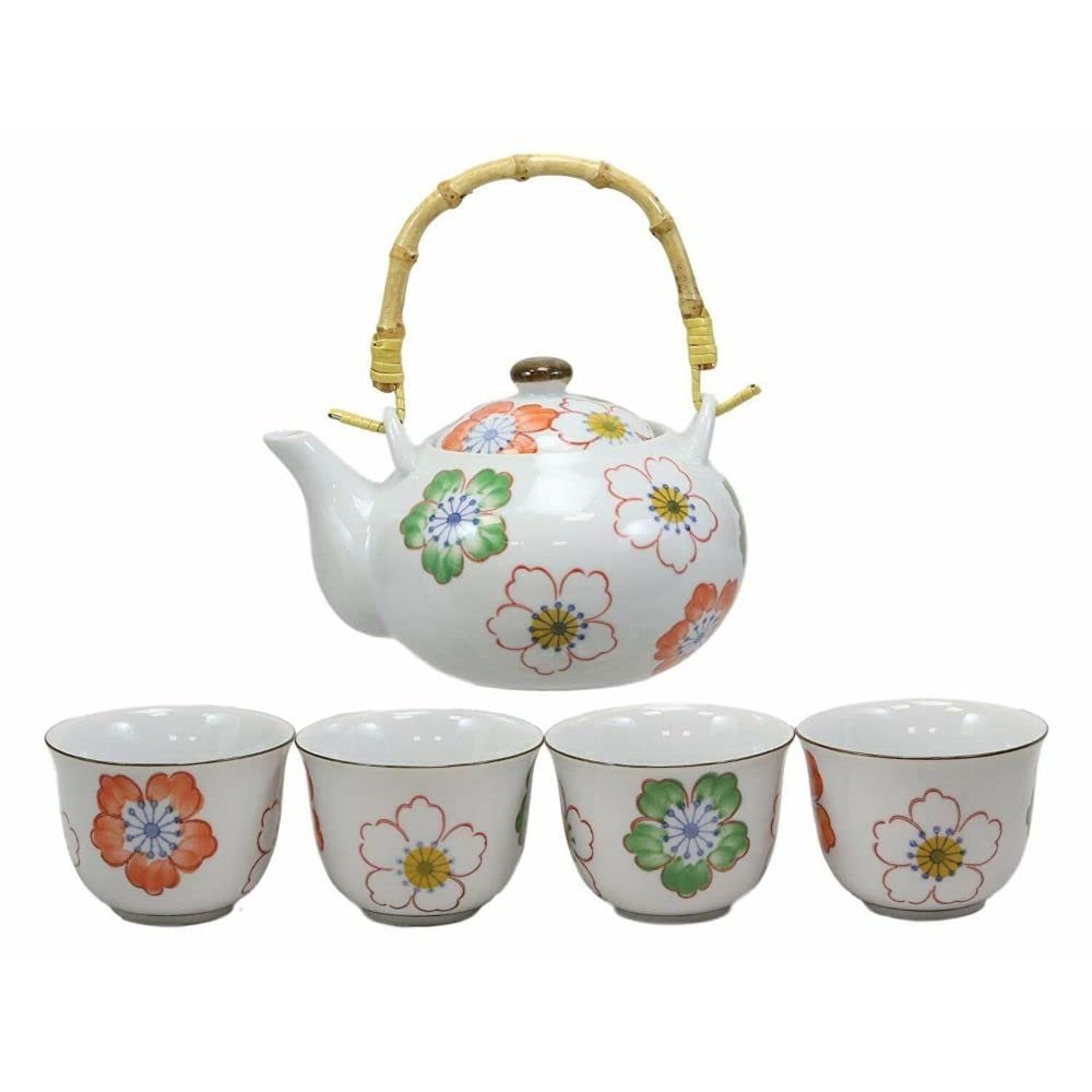1 Set Of Japanese Design Colorful Botanic Floral Porcelain White Tea Pot And Cups