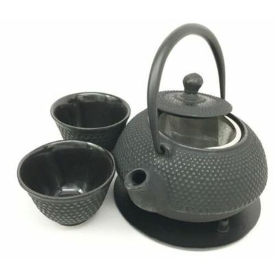 1 Set Of Japanese Imperial Dots Black Cast Iron Teapot Set With Trivet And Cups Serves 2