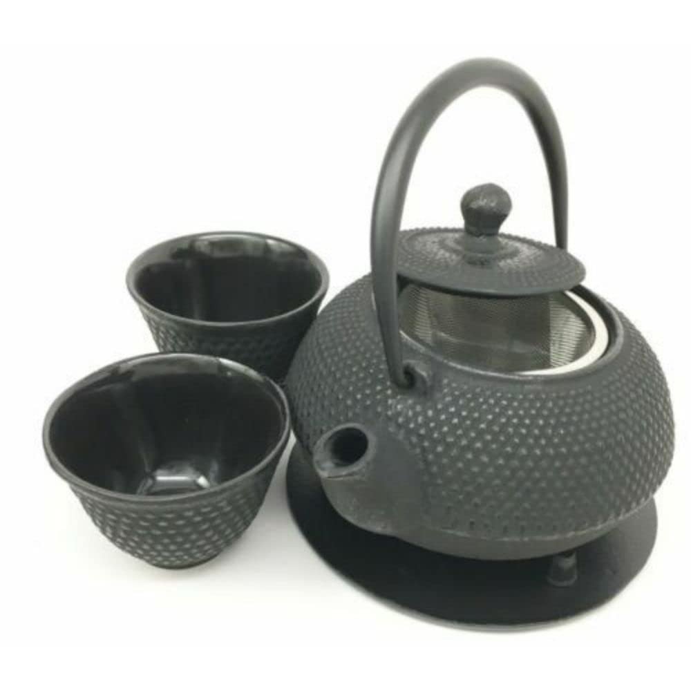 1 Set Of Japanese Imperial Dots Black Cast Iron Teapot Set With Trivet And Cups Serves 2