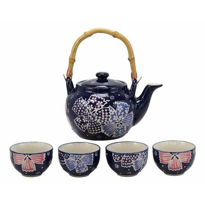 Blue Winter Frost Colorful Large Floral Blooms 25Oz Tea Pot With 4 Cups Set