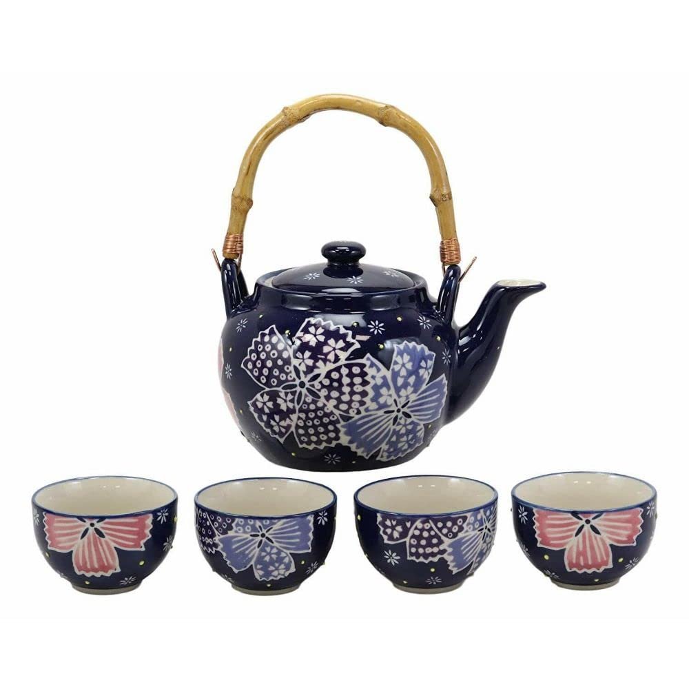 Blue Winter Frost Colorful Large Floral Blooms 25Oz Tea Pot With 4 Cups Set