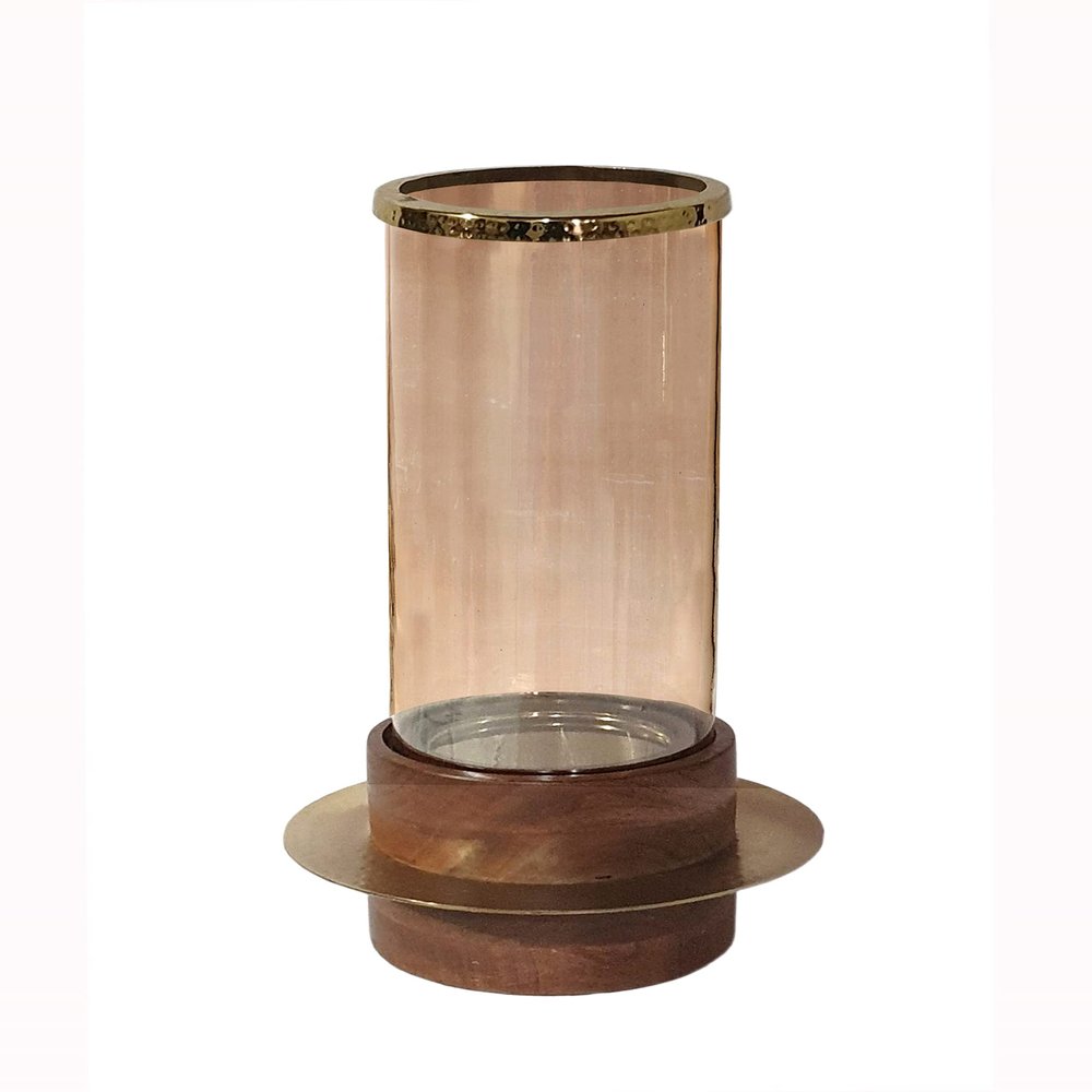 A&B Home Acacia Wood Candle Holder - Wood Candle Holder with Glass Hurricane, Decorative Tabletop Lighting, Living Room Coffee Table Accent Piece Dining Table Centerpiece, 8" x 8" x 14"