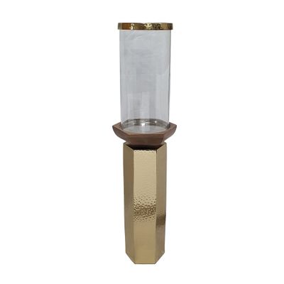 A&B Home Hammered Gold Candle Holder- Aluminum Candle Holder with Hurricane Glass, Decorative Tabletop Lighting, Living Room Coffee Table Accent Piece Dining Table Centerpiece, 5" x 5" x 21"