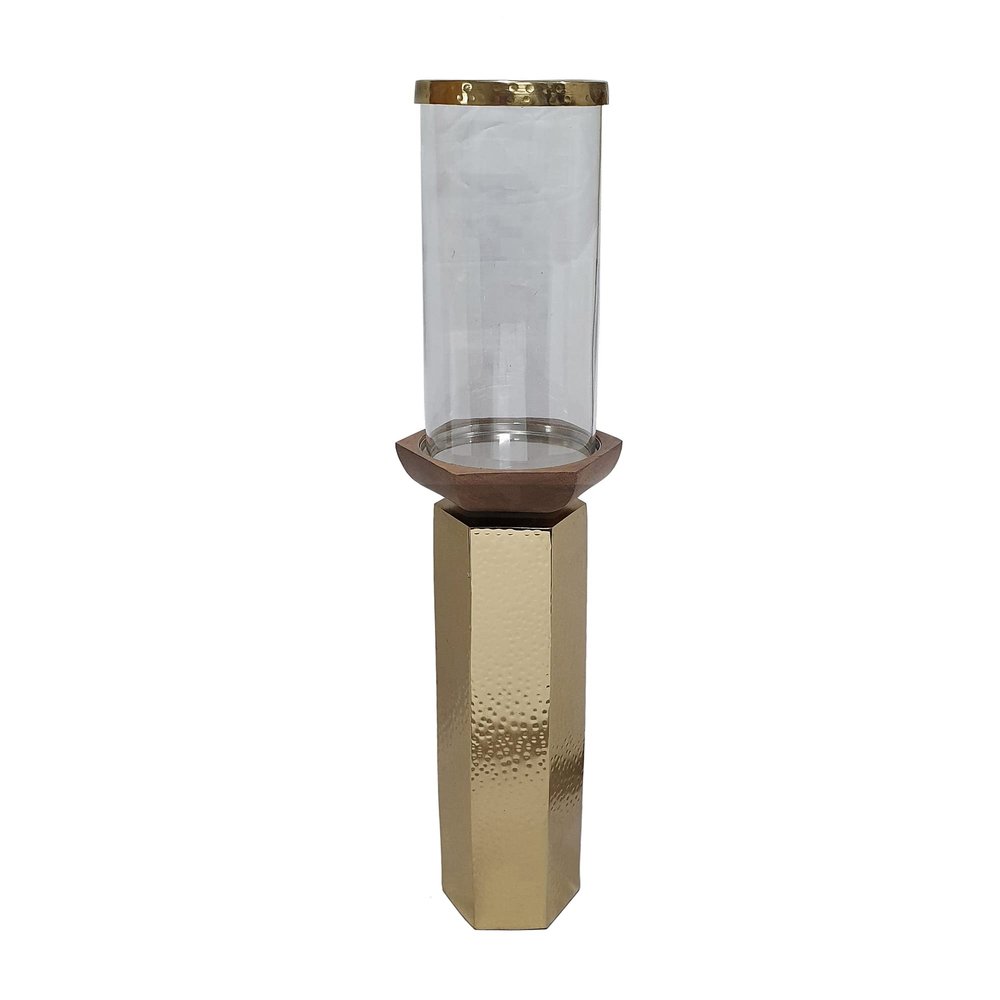 A&B Home Hammered Gold Candle Holder- Aluminum Candle Holder with Hurricane Glass, Decorative Tabletop Lighting, Living Room Coffee Table Accent Piece Dining Table Centerpiece, 5" x 5" x 21"