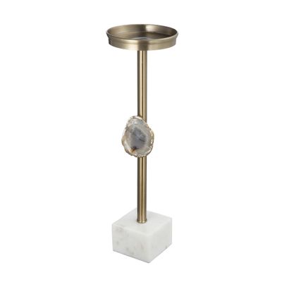 A&B Home Marble Candle Holder - Gold Pillar Candle Holder with Agate Stone, Decorative Tabletop Lighting, Living Room Coffee Table Accent Piece Dining Table Centerpiece, 5" x 5" x 15"