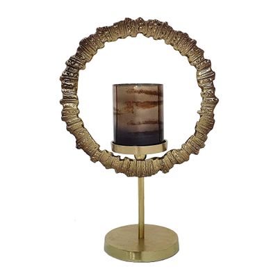 A&B Home Gold Ring Candle Holder - Large Candle Hoder with Glass Hurricane, Decorative Tabletop Lighting, Living Room Coffee Table Accent Piece Dining Table Centerpiece, 12" x 6" x 18"