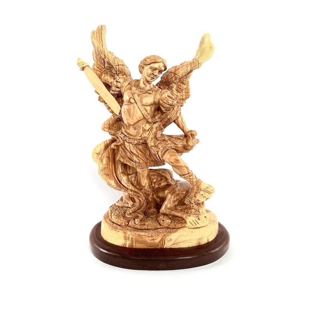 azizeh St. Michael Statue Crushing Satan in Hand Carved Olive Wood