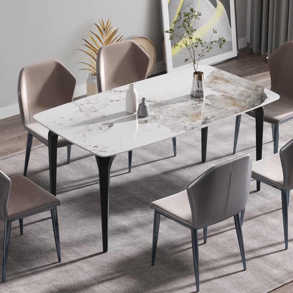 63" Kitchen Dining Table for Dining Room, Kitchen, Dinette, Compact Space w/Sintered Stone Tabletop, 4 Black Metal Legs, Sturdy Dining Room Table, Office Desk, Meeting Table
